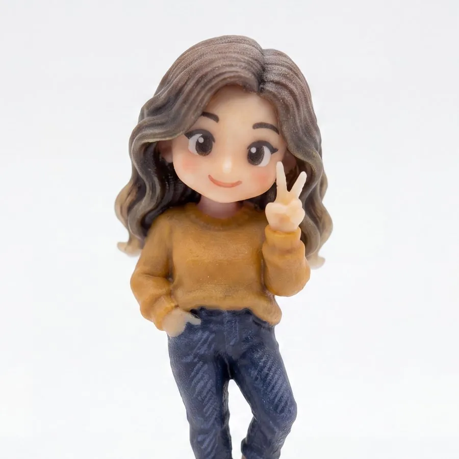 A chibi-style figurine with a large head and small body, giving a peace sign