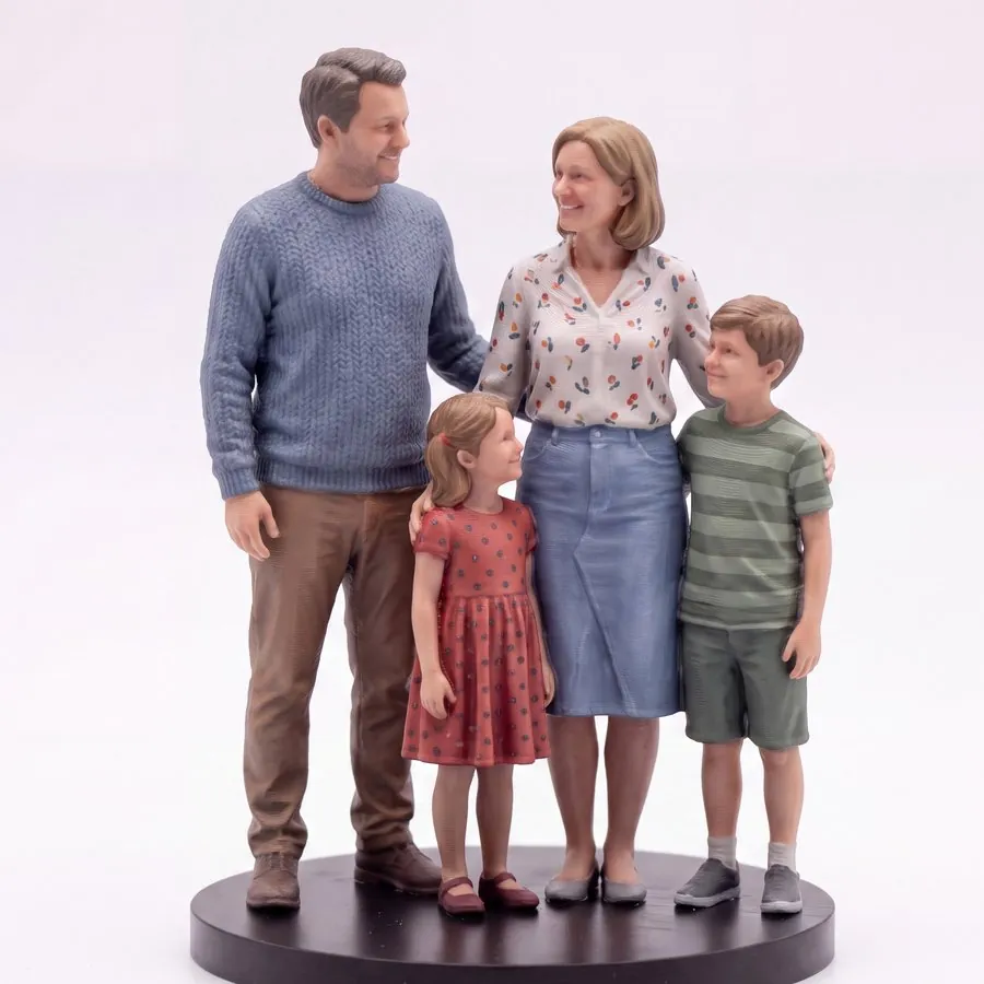 A custom miniature figurine of a family of four standing together